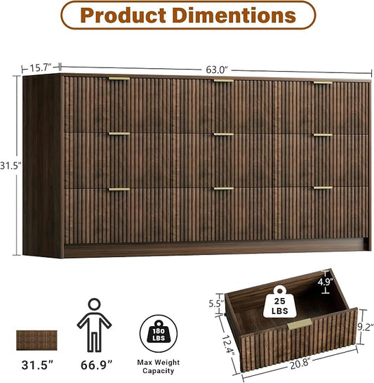 Furniway Walnut Dresser for Bedroom, Modern Dresser with 9 Drawers and Smooth Slides, Wide Chest of Drawers with Golden Handles for Bedroom, Living Room, Closet, 15.7" D x 63" W x 31.5" H
