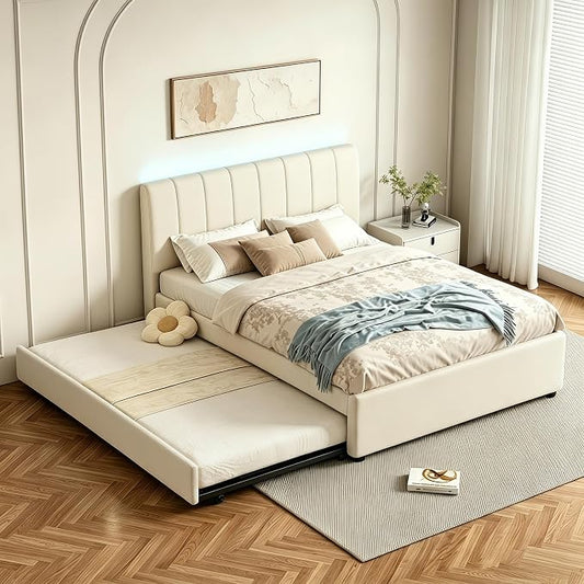 Full Size Upholstered Platform Bed with Pull-Out Trundle Bed | Twin Size Trundle, LED Lighting Controlled by APP, USB+Type-C Charging Ports, Chenille Upholstered Bed Frame,Beige