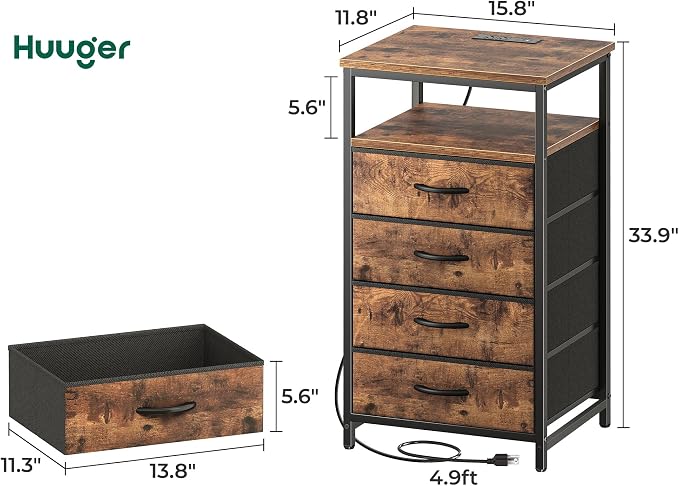 Huuger Night Stand with Charging Station, 4 Drawer Dresser for Bedroom, Bedside Table, 33.9 Inch Tall Nightstand with Open Shelf, End Table, for Closet, Entryway, Bedroom, Rustic Brown