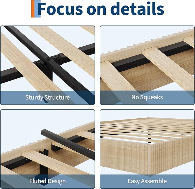Garvee Full Bed Frame, Wood Platform Bed with Fluted Design, Low Profile BedFrame, Minimalist Bed Base with Noise-Free, Easy Assembly, No Box Spring Needed, Natural