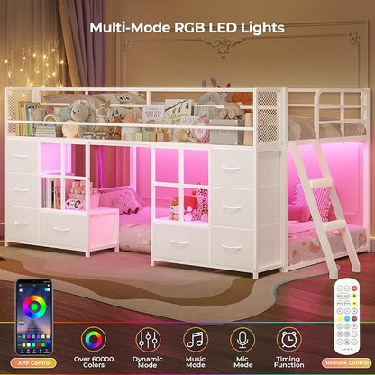 BTHFST Low Bunk Bed Twin Over Twin with 8 Fabric Drawers & Bookshelf, Twin Bunk Beds with RGB LED Lights, Windows, Metal Bunk Beds for Kids with Slanted Ladder & Safety Guardrails, Space Saving, White