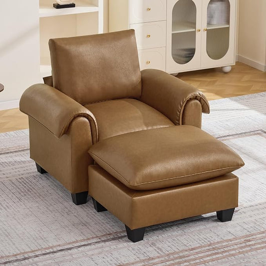 44.5" Faux Leather Single Sofa with Movable Ottoman, Oversized Accent Chair with Curved Armrests, Cloud Modern Sofa Upholstered Reading Lounge Armchair for Living Room, Bedroom，Light Brown