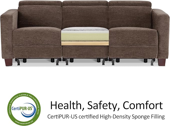 MCombo 88.6'' Reclining Sofa, Wall Hugger Power Recliner Sofa with Adjustable Headrest, USB A & C Charge Ports, Wood Legs, for Living Room (Fabric, HL198M3) (Coffee, 3-Seater)