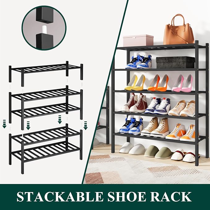 Smiry Bamboo Shoe Rack, 2 Tier Free Standing Wooden Shoe Organizer, Stackable Wood Shoe Storage Shelf for Closet, Entryway, 12 Vertical Slats, One-piece Standard Legs, 26.8"x11"x13", Black