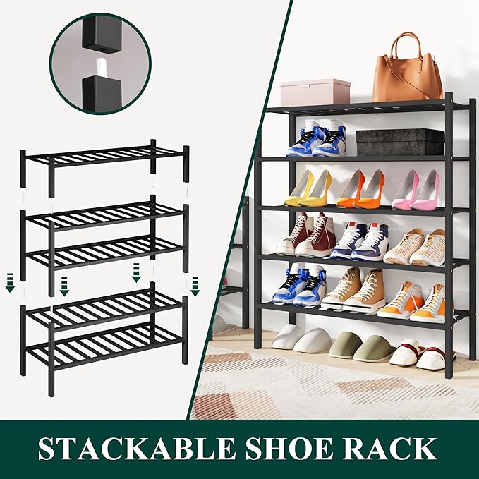 Smiry Bamboo Shoe Rack, 6 Tier Free Standing Wooden Shoe Organizer, Stackable Wood Shoe Storage Shelf for Closet, Entryway, 12 Vertical Slats, 2+2+2 Stack Standard Legs, 26.8"x11"x39", Black