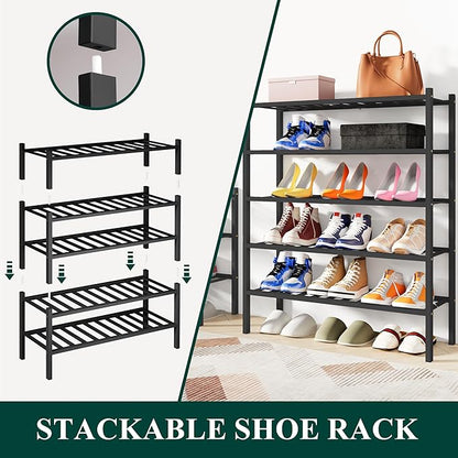 Smiry Bamboo Shoe Rack, 6 Tier Free Standing Wooden Shoe Organizer, Stackable Wood Shoe Storage Shelf for Closet, Entryway, 12 Vertical Slats, 2+2+2 Stack Standard Legs, 26.8"x11"x39", Black