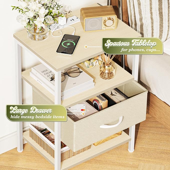 SUPERJARE Nightstand with Charging Station, Bed Side Table with Adjustable Fabric Drawer, Night Stand for Bedroom, 3-Tier Storage End Table, for Living Room, White Maple