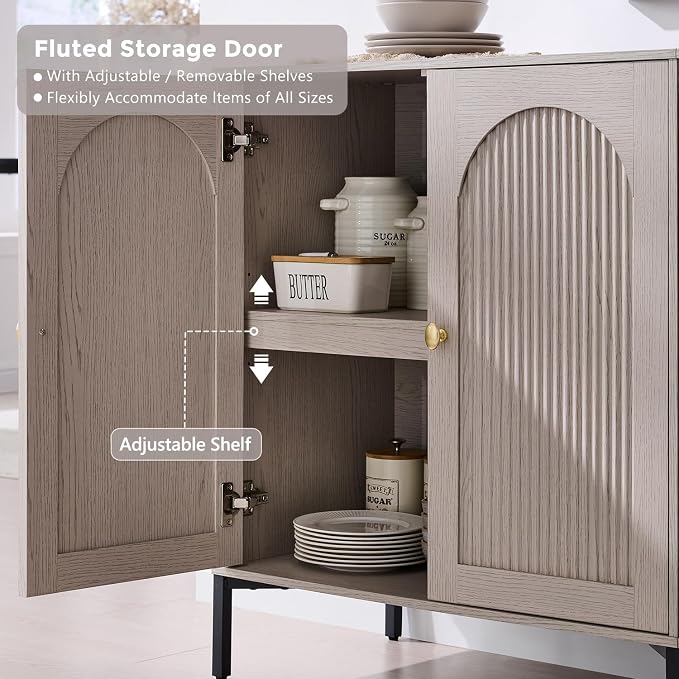 IFGET Modern Buffet Cabinet with Storage, 34" Tall Fluted Arched Sideboard Cabinet w/Adjustable Shelves, Wooden Modular Coffee Bar for Dining Room, Kitchen, Living Room, Entryway, Light Grey