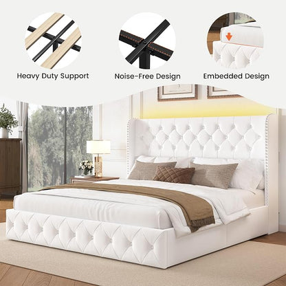 LARMACE King Size Bed Frame with LED Lights and 4 Storage Drawers Velvet Upholstered Platform Bed Frame with 47.2" Tall Tufted Headboard Wingback, No Box Spring Needed, Easy to Assemble, White