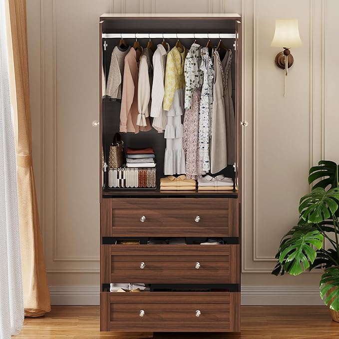 VOWNER Armoire Wardrobe Closet with Drawers and Mirror, 71" Clothing Storage Cabinet with Hanging Rod, 2 Doors Wooden Wardrobe Cabinet for Bedroom, Large Capacity Storage