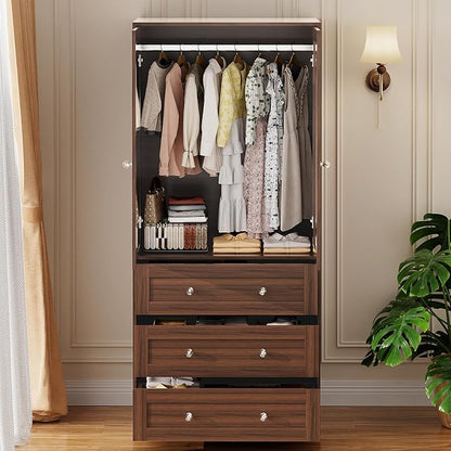 VOWNER Armoire Wardrobe Closet with Drawers and Mirror, 71" Clothing Storage Cabinet with Hanging Rod, 2 Doors Wooden Wardrobe Cabinet for Bedroom, Large Capacity Storage