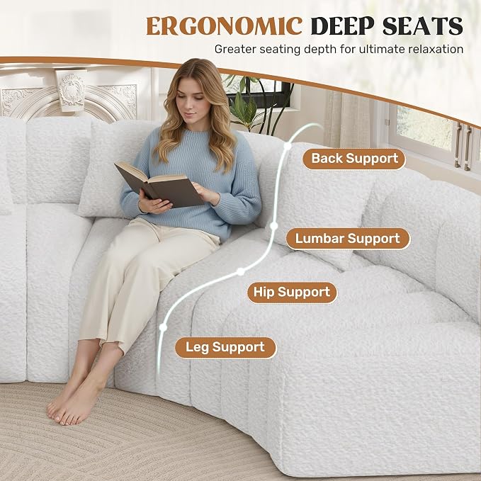 Luxanimarion 2PCS 1/8 Round Modular Sectional Sofa, 2 Seater Modern Curved Cloud Couch Modules, Convertible Boneless Couches for Living Room, No Assembly Required, White
