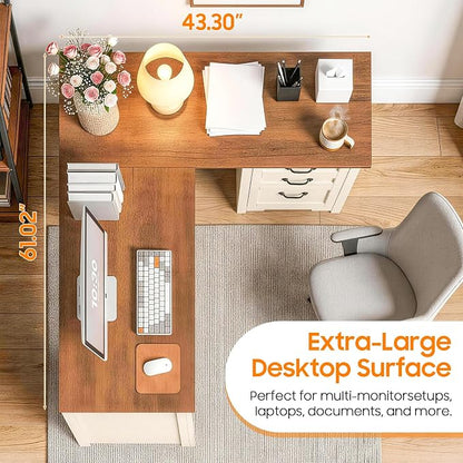 Vabches 61”Farmhouse L Shaped Executive Desk with File Drawers, Corner Computer Desk with Mobile CPU Stand, Wood Writing Computer Desk for Work, Study.Unique White