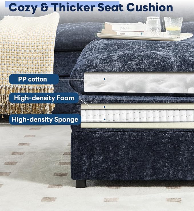 Iroomy 25" Chenille Ottoman, 9.5" Thick Cushion, Upholstered Footrest Modern Footstool & Bench for Living Room, Bedroom, Blue