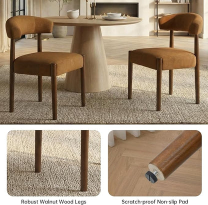 VKNOW Wooden Dining Chairs Set of 2, Modern Upholstered Dining Room Chairs with Walnut Wood Legs and Curved Backrest, Fabric Kitchen Chairs for Farmhouse/Living Room/Dining Room, Orange