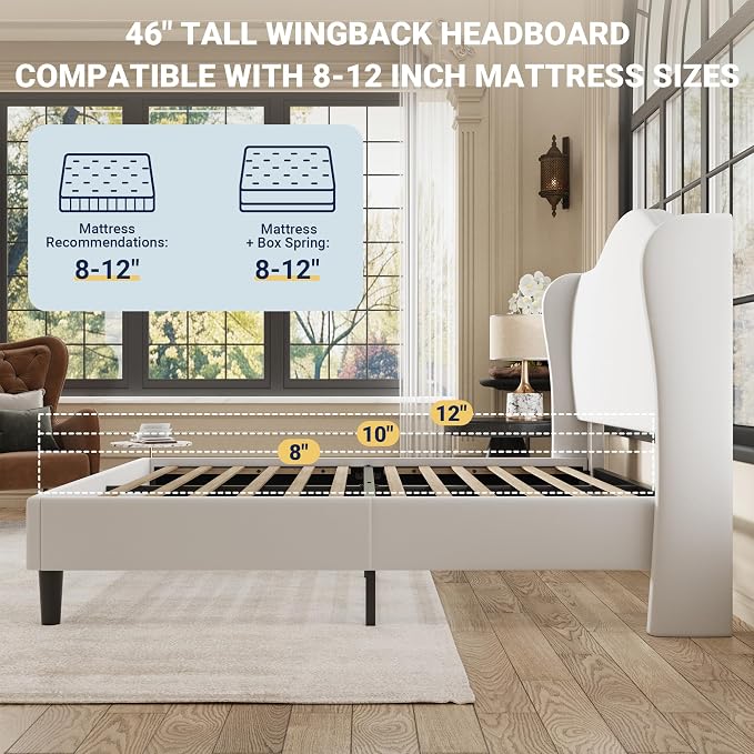 Allewie Full Size Bed Frame, Upholstered Wingback Platform with 47" Tall Tufted Headboard, Plush Velvet Fabric, Modern Minimalist Design, No Box Spring Required, Tool-Free Assembly, White