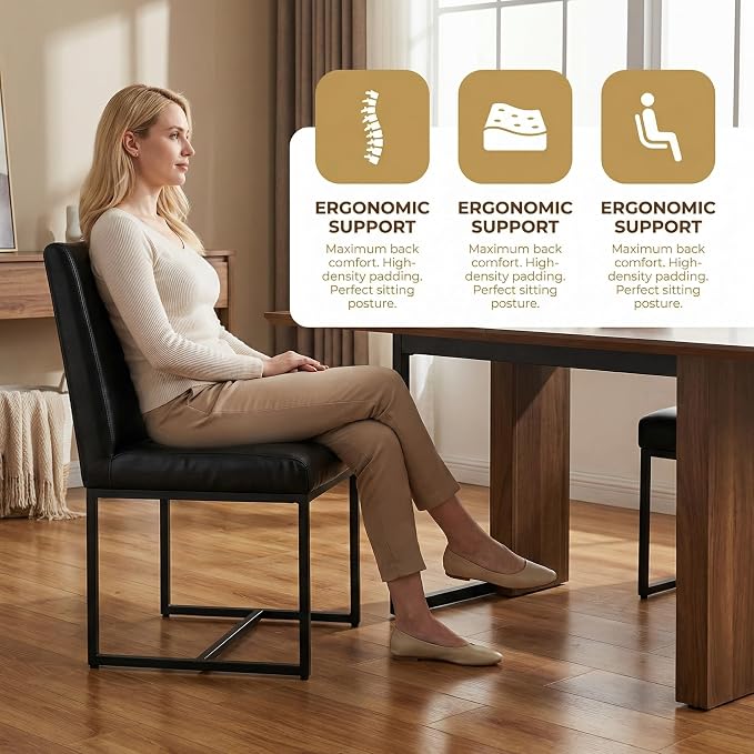 HNY Modern Dining Chairs Set of 2, Upholstered Leather Dining Room Chairs with Ergonomic Back & Metal Frame for Home, Kitchen, Apartment, Black