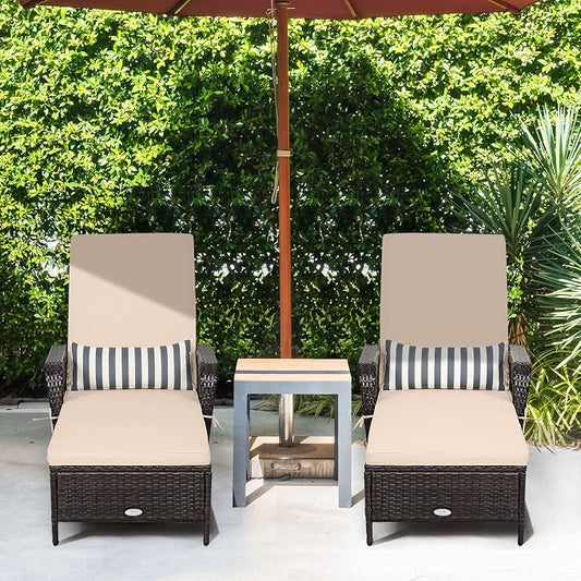 COSTWAY PE Rattan Chaise Lounge Chair, 6 Gear Adjustable Recliner with Armrest & Pillow, Wicker Outdoor Furniture for Deck, Patio (1, Beige)
