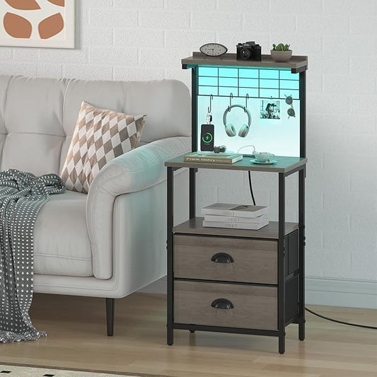sthmec Tall Nightstands with Charging Station, LED Night Stand Bedsides with 2 Drawers Fabric, Hooks,USB Port and Open Storage Shelves,Tall End Table Bedside for Bedroom,Office, Grey