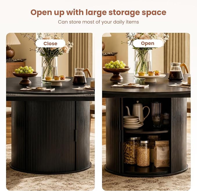 47''-63'' Extendable Round Dining Table for 4-6, Round Dining Room Table with Hidden Storage, Modern Wooden Kitchen Table with Fluted Sliding Door Cabinet for Dining Room Kitchen, Black