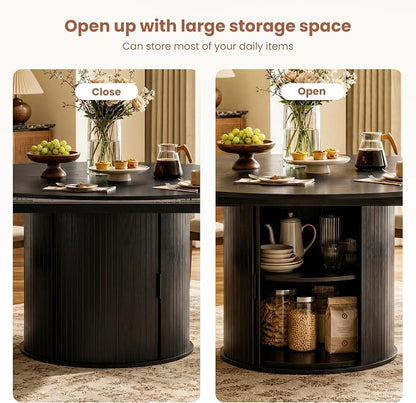 47''-63'' Extendable Round Dining Table for 4-6, Round Dining Room Table with Hidden Storage, Modern Wooden Kitchen Table with Fluted Sliding Door Cabinet for Dining Room Kitchen, Black