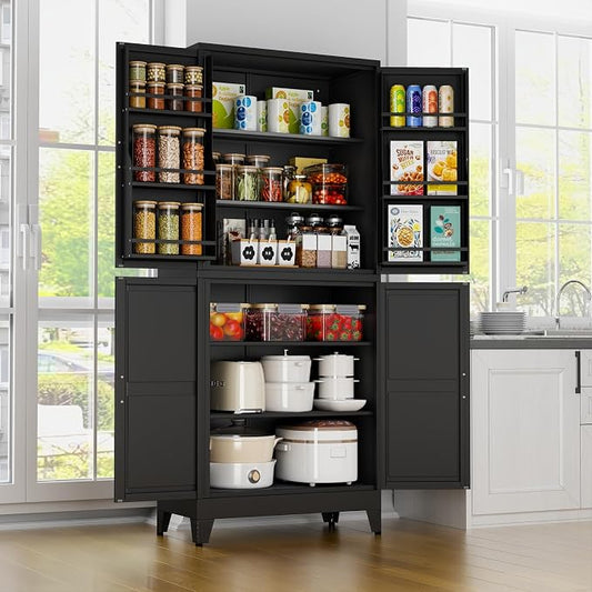 Black Kitchen Pantry Storage Cabinet, 75" Metal Storage Cabinet | Steel Storage with Doors and 3 Adjustable Shelves, Metal Freestanding Buffet Cupboards Sideboard, for Office, Home, School