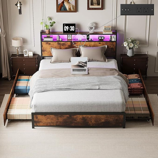VINGLI Full Platform with 4 Storage Drawers and Headboard, Metal Double Bed with Charging Station and LED Lights, No Box Spring Needed, Noise Free, Easy Assembly, Vintage Brown