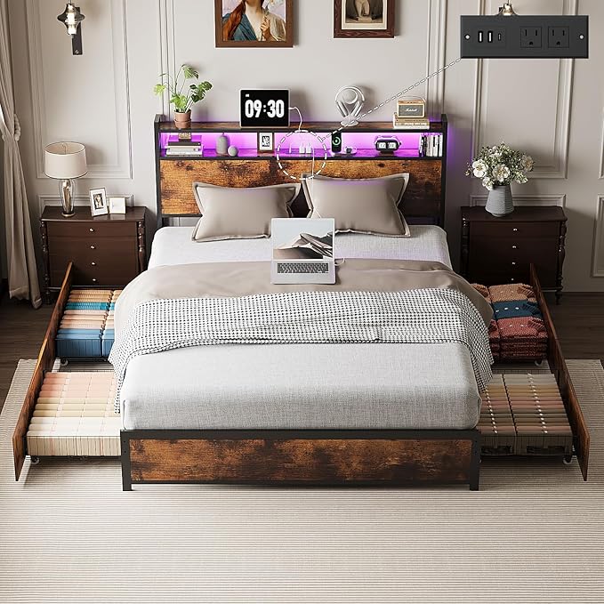 VINGLI King Bed Frame with 4 Storage Drawers and Adjustable Headboard Shelf, Metal Platform Captain Bed with Charging Station and RGB LED Lights, No Box Spring Needed, Noise Free, Wash Vintage Brown