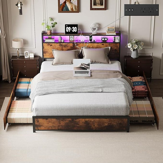 VINGLI King Bed Frame with 4 Storage Drawers and Adjustable Headboard Shelf, Metal Platform Captain Bed with Charging Station and RGB LED Lights, No Box Spring Needed, Noise Free, Wash Vintage Brown
