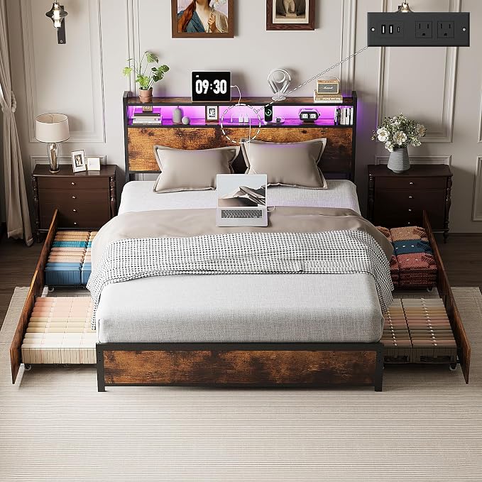 VINGLI Queen Bed Frame with 4 Storage Drawers and Headboard, Metal Platform Panel Bed with Charging Station and RGB LED Lights, No Box Spring Needed, Noise Free, Easy Assembly,Rustic Brown