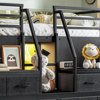 Bellemave Full Low Loft Bed,Metal Kids Loft Bed Frame for Boys Girls,Black | Fabric Drawers,LED Lights,Storage Shelves,Under-bed Space,Space-saving