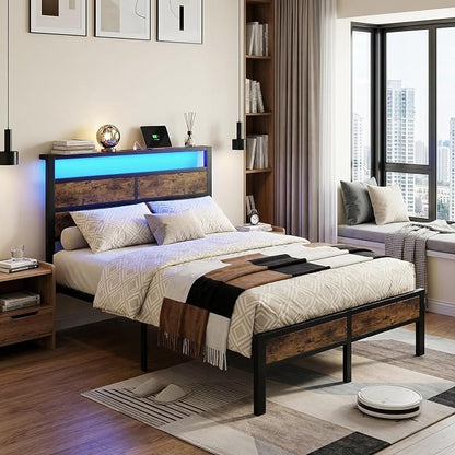 Full Size Metal Bed Frame with Storage Headboard, LED Lights and USB Charging Ports, Brown Platform Bed with Sturdy Slats, No Box Spring Needed, Easy Assembly, Noise Free