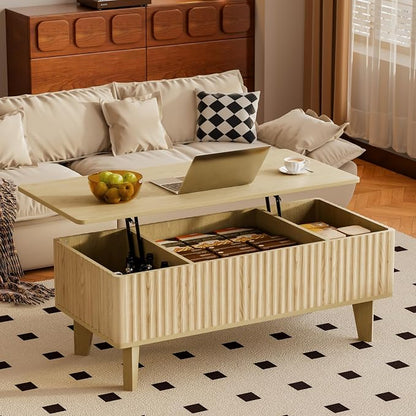 Rectangular Coffee Table with Lifting Top, Mid Century Modern Living Room Center Table, Wood Fluted Coffee Table for Home Office, Oak