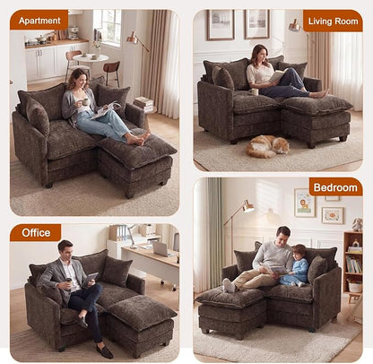 50'' L-Shape Loveseat Sofa with 22" Ottoman, 2 Seat Modern Cloud Couch with 2 Washable Pillows for Small Space Apartment Office Living Room Bedroom, Brown