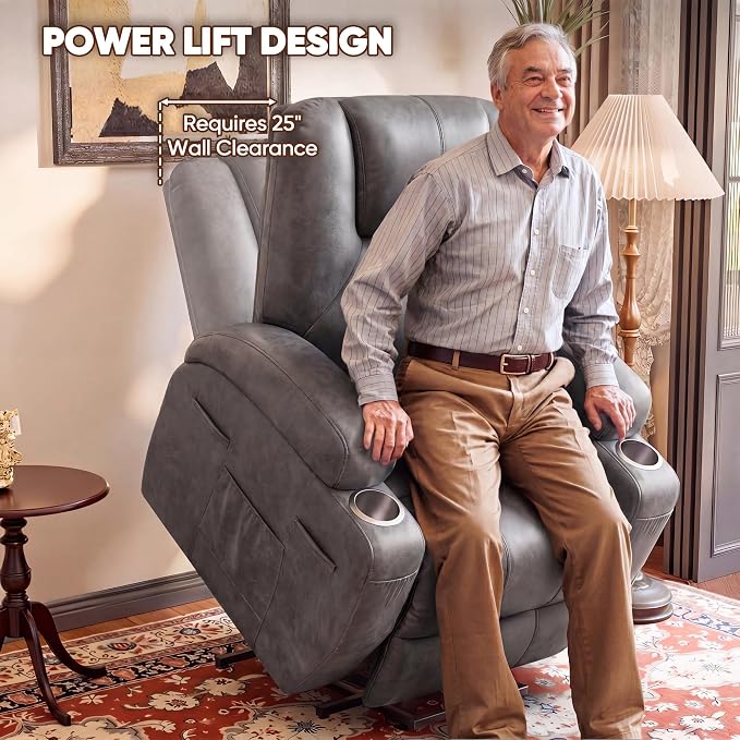 Flamaker Power Lift Recliner Chair Electric Lift Recliner for Elderly Power Lift Recliner Chair with Cup Holders Side Pockets for Living Room (Leathaire, Light Gray)