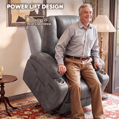 Flamaker Power Lift Recliner Chair Electric Lift Recliner for Elderly Power Lift Recliner Chair with Cup Holders Side Pockets for Living Room (Leathaire, Light Gray)