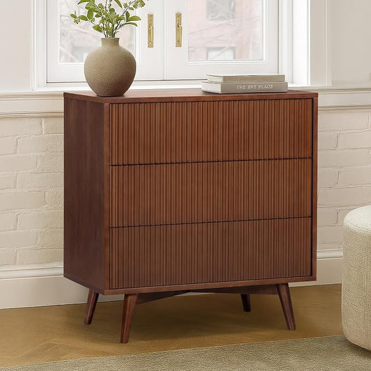 Teamson Home 30″ Wide Fluted Dresser with 3 Push-Open Drawers, Deep Storage with Natural Fluted Front Texture, Solid Rubber Wood Feet and Real Veneer Finish for Bedroom or Living Room, Walnut | 3 Push-Open Drawers, Deep Storage with Natural Fluted Fron...