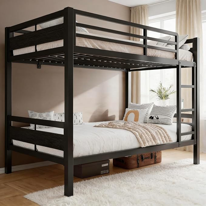 Bunk Bed Full Over Full, Heavy Duty Metal Bunkbeds with Full-Length Guardrail, Space-Saving Steel Bed for Kids & Adults, No Box Spring Required, Black