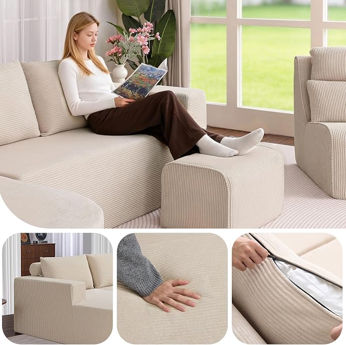 104.92" L-Shaped Corduroy 3 Piece Sofa Set with Single Lounge Chair & Ottoman, Modular Compressed All Foam Couch, Freely Movable Footrest, Minimalist Large Living Room Furniture