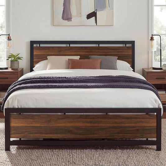 LIKIMIO King Bed Frame with Headboard and Footboard, Metal Strong Supports, Easy Assembly, Noise-Free, No Box Spring Needed, Dark Walnut
