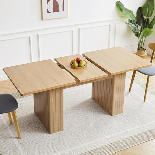 55 in–71 in Extendable Rectangular Dining Table for 4–6, Modern Farmhouse Expandable Kitchen Table with Carved Line Base, Wooden Dinner Table for Kitchen Living Room Home Office (Natural)