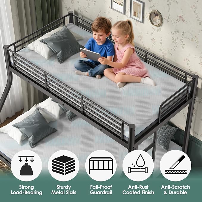 Bunk Beds Twin XL Over Full Size with 6" Mattresses Included, All-in-One Bunk Bed for Kids/Adults, Heavy Duty Sturdy Frame with Ladder Guardrail, with Memory Foam Mattresses, Black