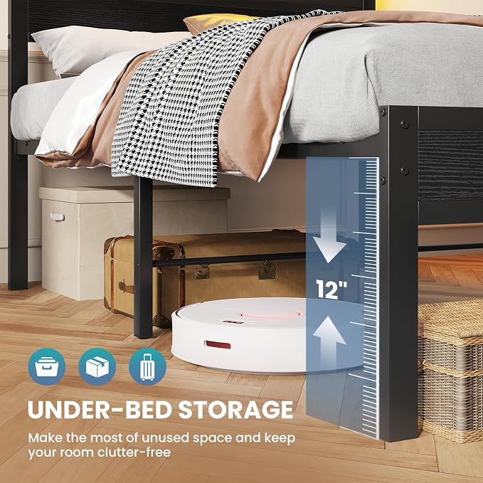 Sweetcrispy Bed Frame Twin Size with LED Lights and Charging Station, Sturdy Platform Beds Frame with Storage Drawers, 3-Tier Shelves and Under Bed Storage, No Box Spring Needed, Black