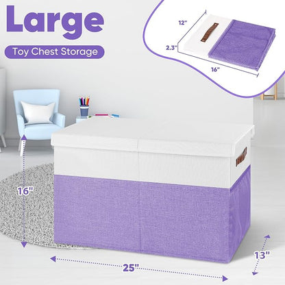 Mabahoo Large Toy Box, Collapsible Sturdy Storage Chest With Lids, Kids Toy Chest Storage Organizer Toddler Bin Boxes for Living Room, Bedroom, Nursery, 25"x13"x16", Purple & White