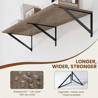 Heimlove Deep Floating Shelves for Wall, 36W x 12D Rustic Grey Wood Wall Shelves Set of 2, Large Floating Shelf for Living Room, Kitchen, Office, Bedroom and Decor Storage, with Metal Bracket - Grey