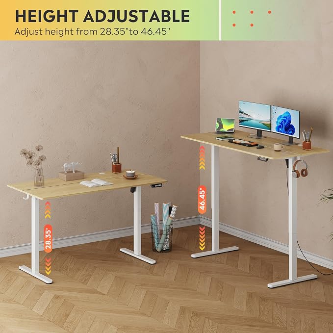 DEVAISE 55 Inch Electric Standing Desk, 3 Adjustable Computer Desk for Home Office, Ergonomic Sit to Stand Desk with LED Touchscreen，Headphone Hook, 3 Memory Preset, with Split Top, Maple