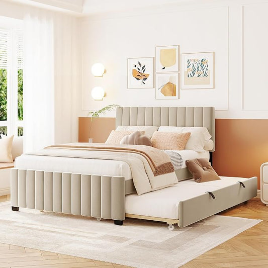 Bellemave Full Bed Frame with Trundle Bed,Velvet Upholstered Platform Bed Frame,Full Size Trundle Bed with Headboard for Kids Teens Adults,Beige