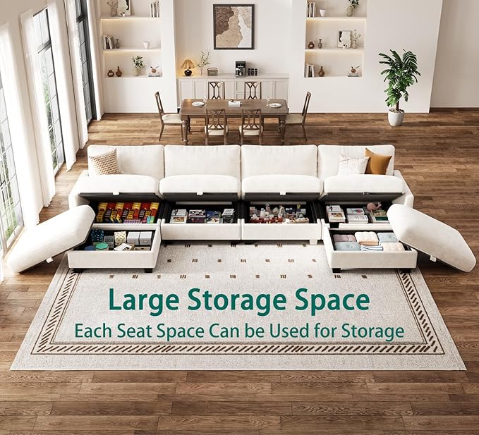 Modular Sectional V Shaped Sofa Couches for Living Room, Cloud Couch with Storage Ottoman, Comfy Chenille Sofa with Pillow, Beige