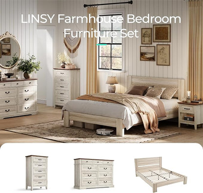 LINSY Night Stand 18.9" Farmhouse Wood Night Stand with Type-C Charging Station Open Storage Shelf Nightstands with Drawer Side Table End Table for Bedroom Living Room Sofa Couch Office Beige