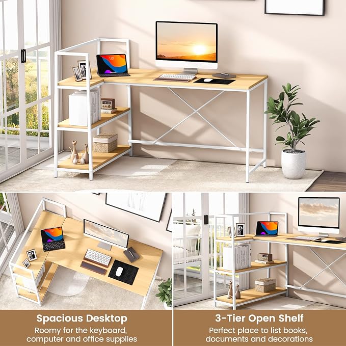Tangkula Reversible L-Shaped Computer Desk, Space Saving Corner Desk with 3-Tier Storage Shelves & Metal Frame, Modern Executive Home Office Desk, PC Laptop Desk Workstation for Small Space (Natural)